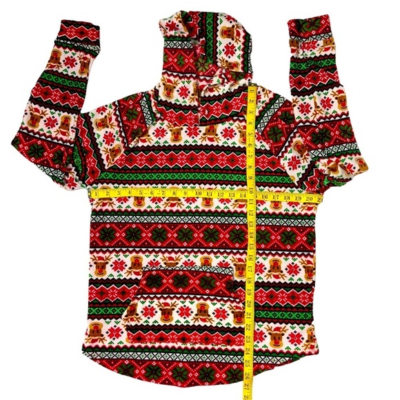 Ugly Christmas Sweater Hoodie Fair Isle Print Velvety Velour Front Pocket OS - Picture 8 of 14